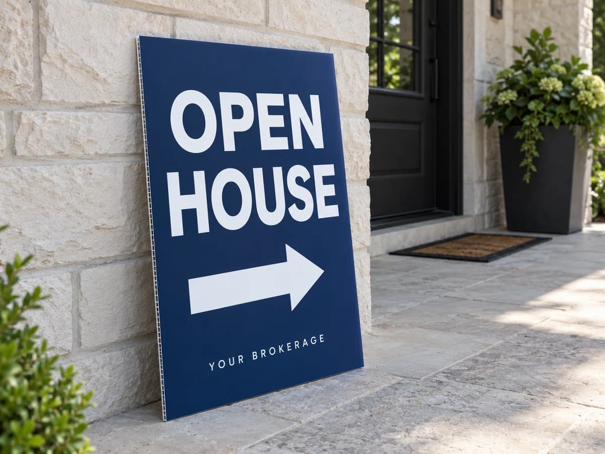 Sample replacement open house sign insert beside a porch wall